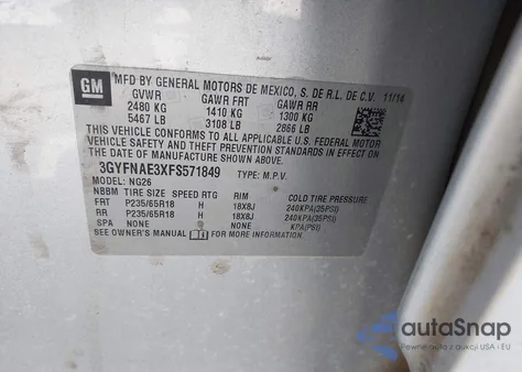 2015 Cadillac Srx Standard z USA, uszkodzony, nr VIN 3GYFNAE3XFS571849